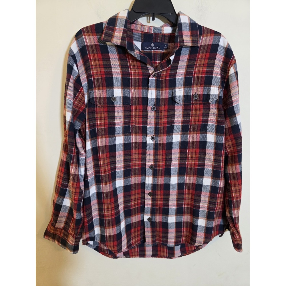 Rainforest Men's Sz Medium Red Blue Brushed Cotton Plaid Flannel Button-Up Shirt